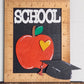 Decorative sign with an apple, heart, and 'SCHOOL' text on a wooden frame.