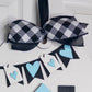 Black and white checkered bow with blue heart-shaped flags on a white background