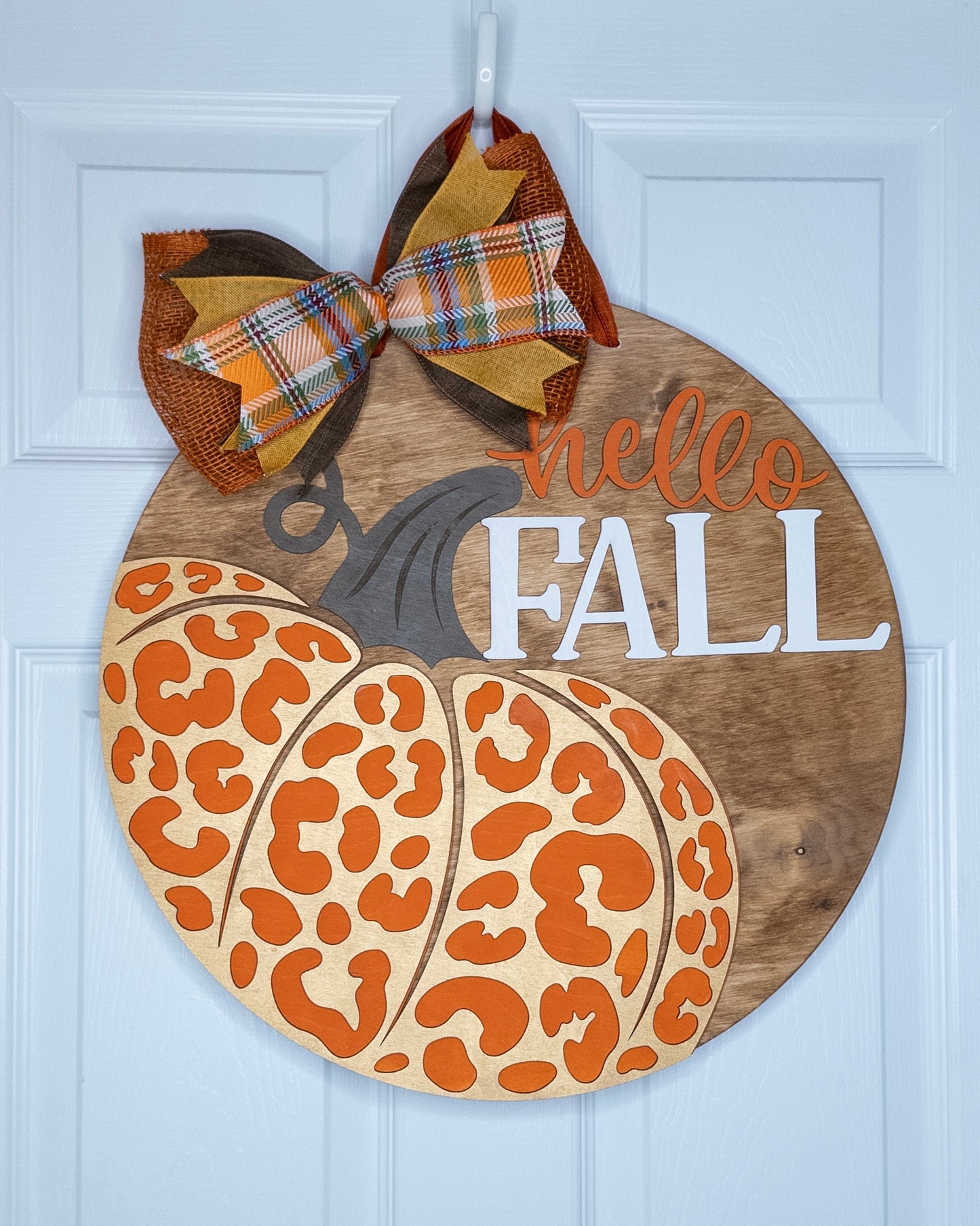 Hello Fall with Animal Print Pumpkin Door Hanger