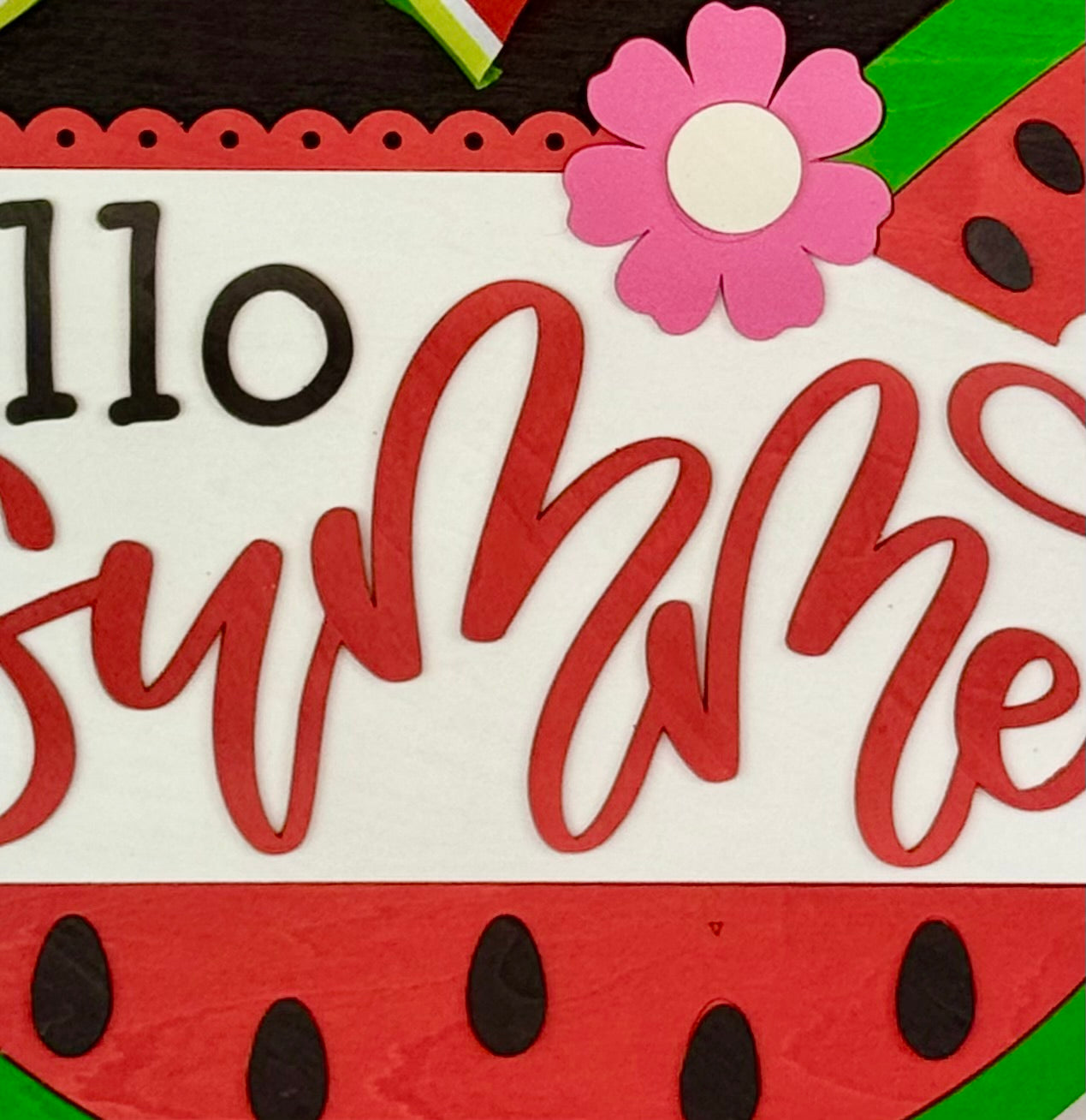 Decorative sign with 'Hello Summer' text surrounded by watermelon slices and a flower.